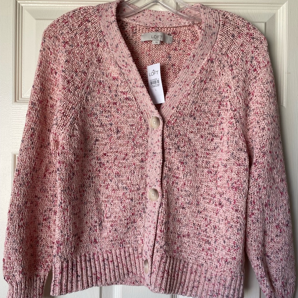 LOFT Cropped Marled Cardigan Pink L